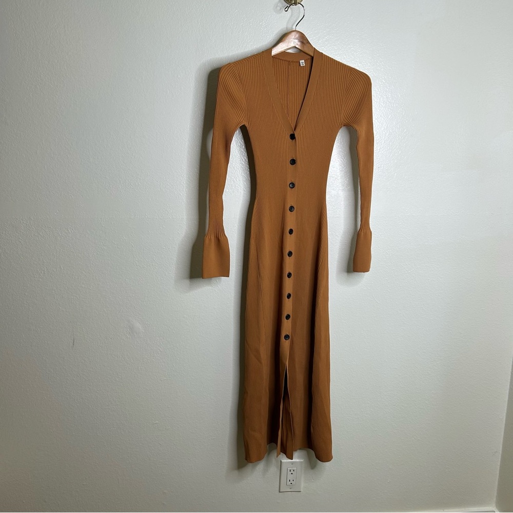 A.L.C. Tamara Button Front Maxi Dress Ribbed Long Sleeve in Cashew XS - Picture 4 of 12
